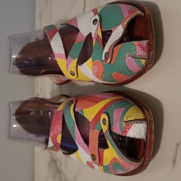 CYDWOQ Colorful Leather Peep Toe Flats Women's EU 37 US 6.5-7 Artsy Quirky Boho - Picture 3 of 16